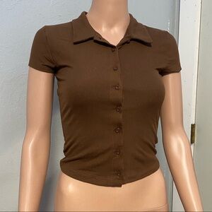 BROWN BUTTON DOWN POLO CROP TOP